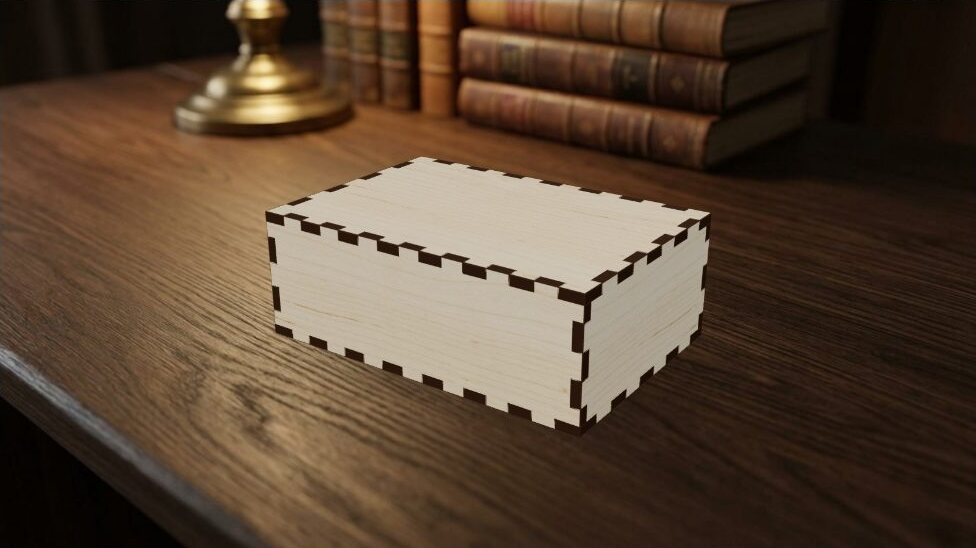 A finger-joint box in birch plywood on a walnut desk, rendered in PrintCut's export studio
