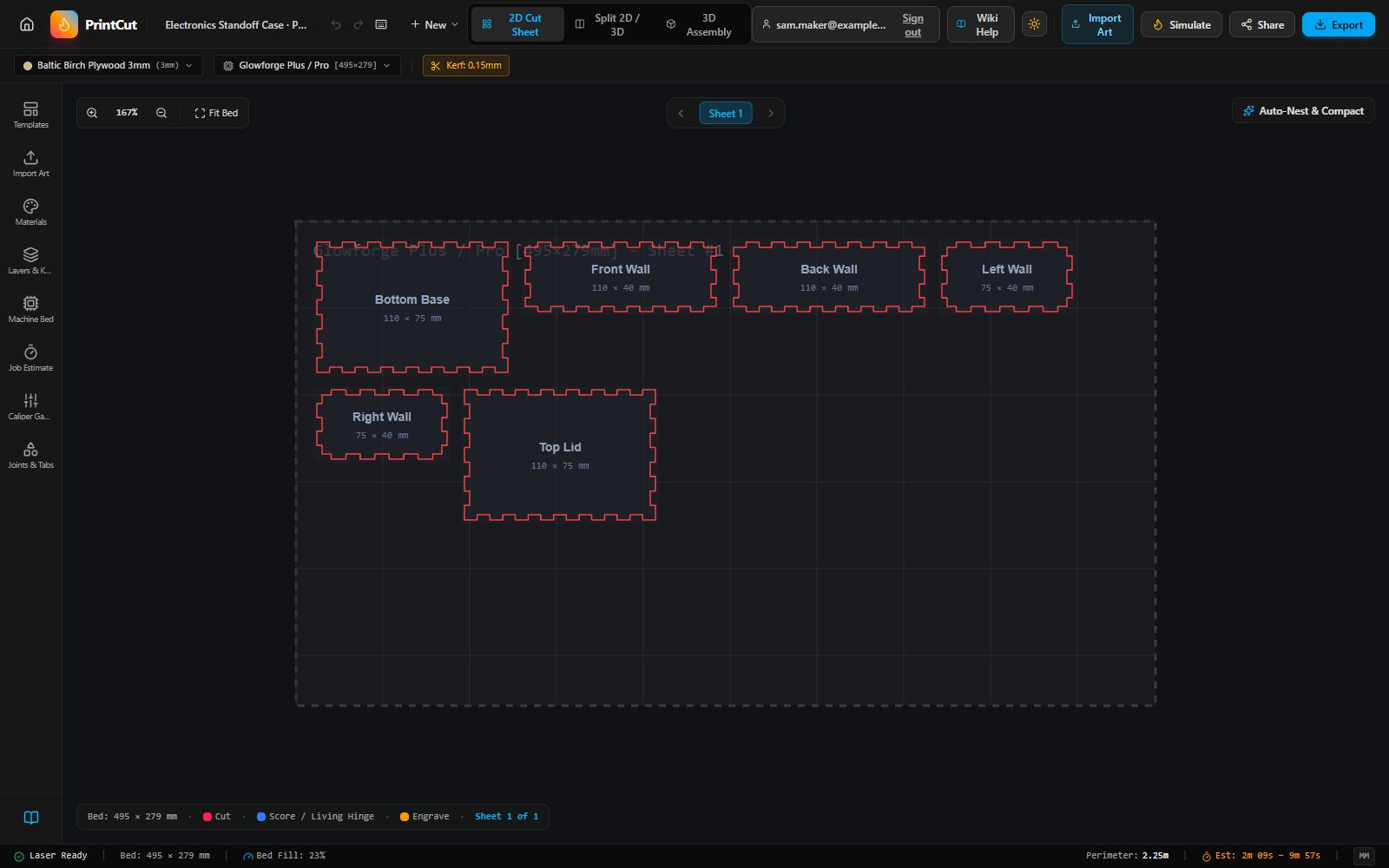 A box's six parts laid out on the laser bed, with cut and score colours