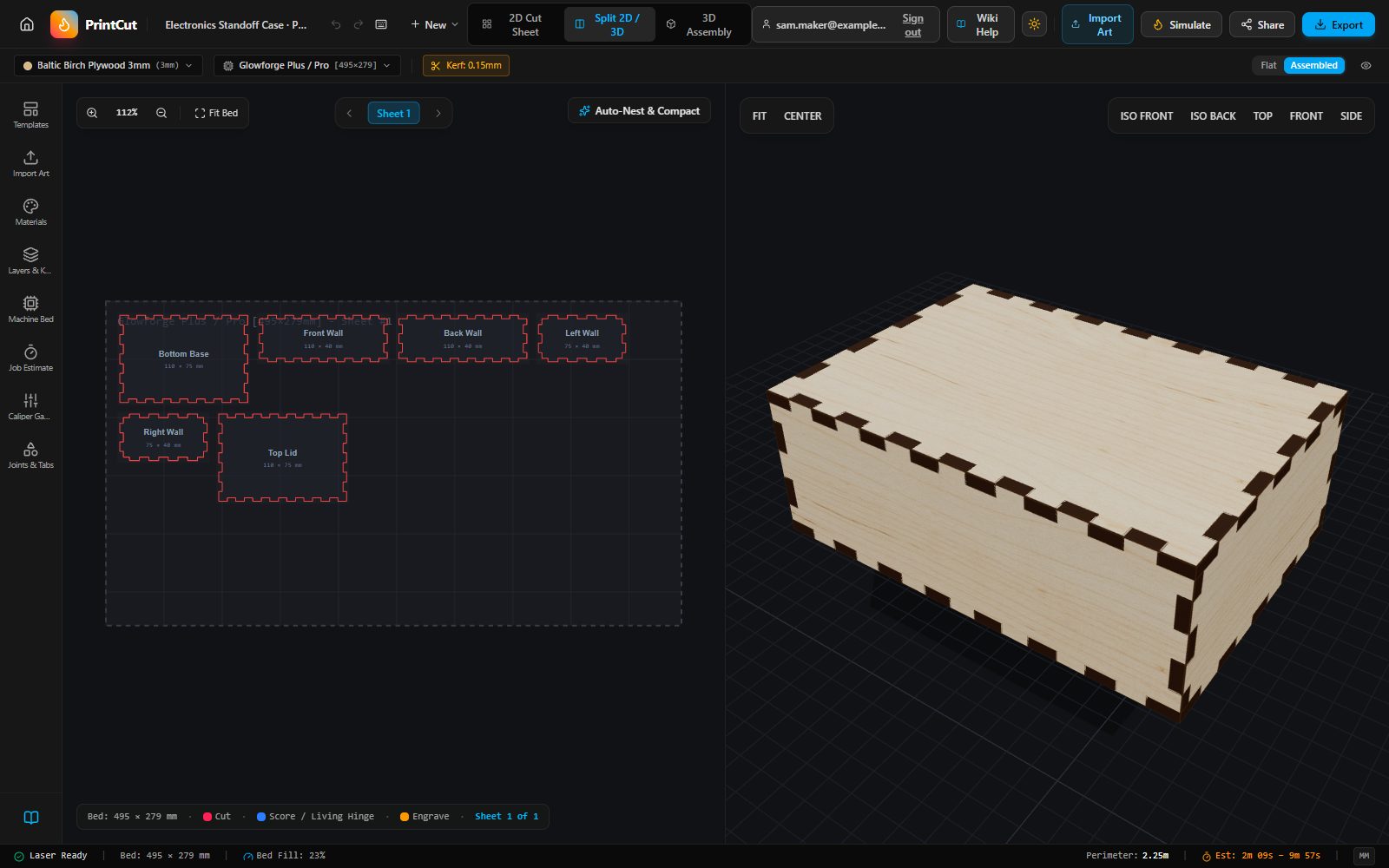 The PrintCut editor: a finger-joint box laid out on a Glowforge bed, next to its assembled 3D view