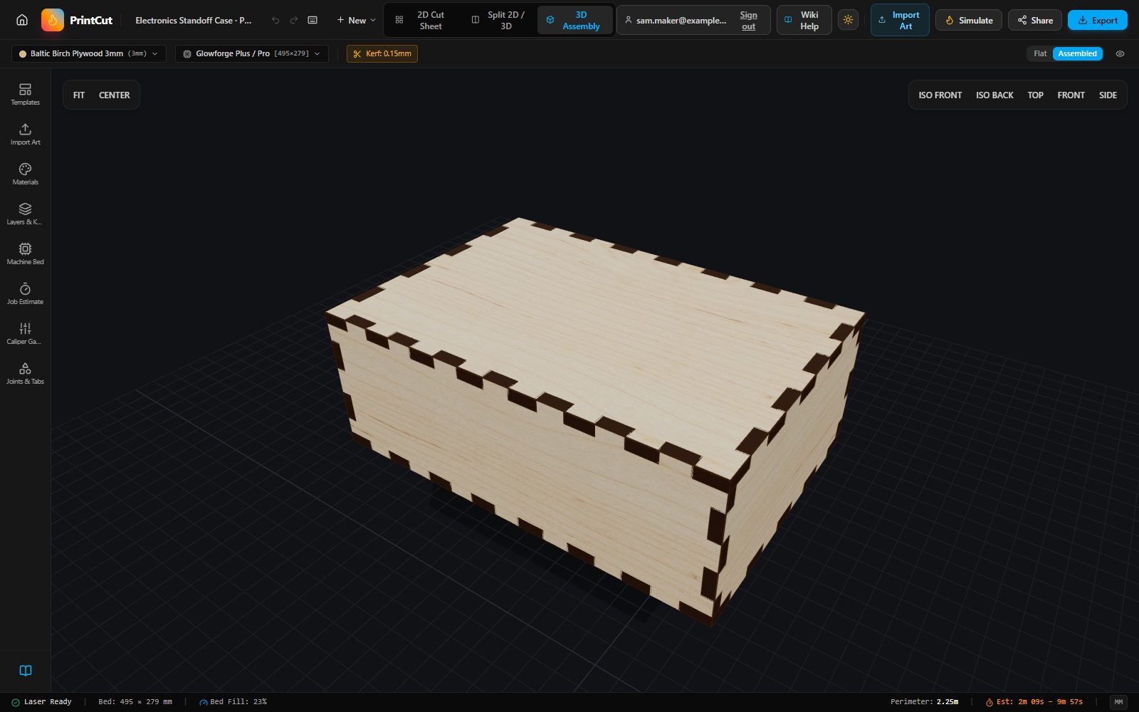 A finger-joint box in birch plywood, shown assembled in 3D