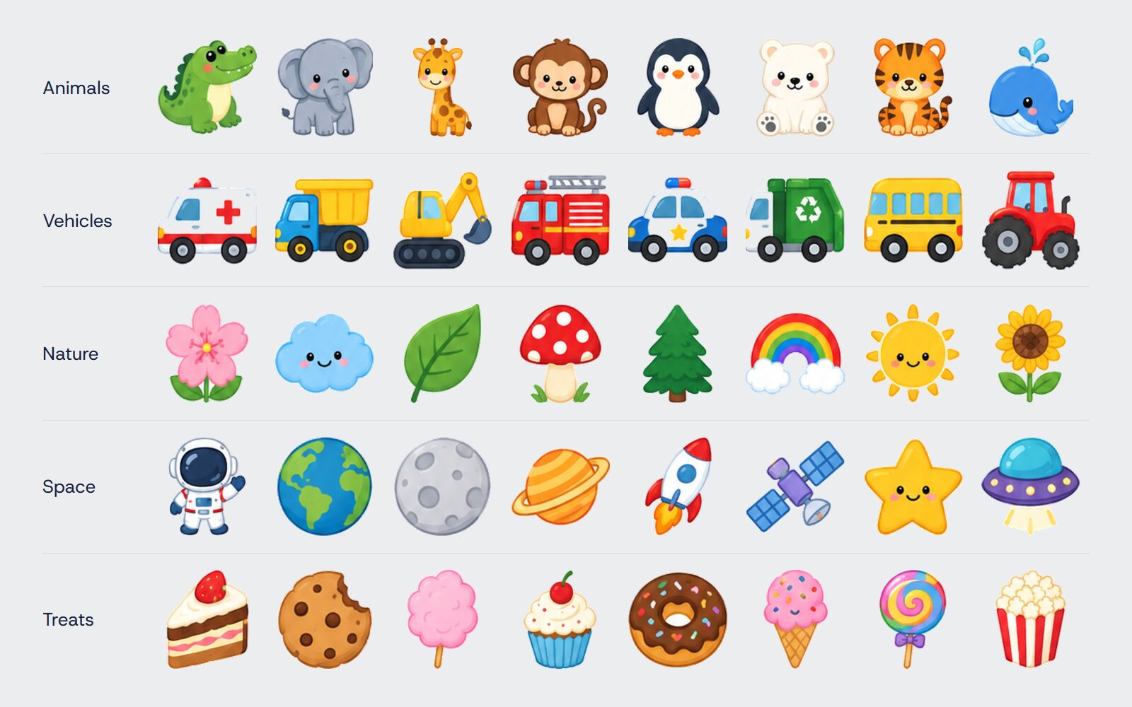 All 40 decorations in five rows: animals, vehicles, nature, space and treats