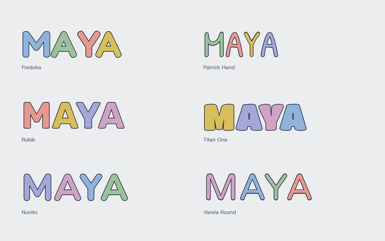 The name MAYA in the six fonts: Fredoka, Patrick Hand, Rubik, Titan One, Nunito and Varela Round