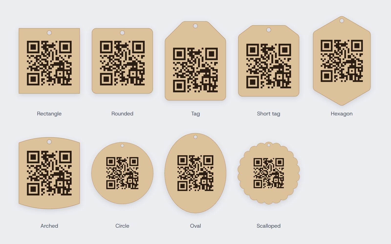 The same QR code on the nine plate shapes: rectangle, rounded, tag, short tag, hexagon, arched, circle, oval and scalloped, each with a hanging hole