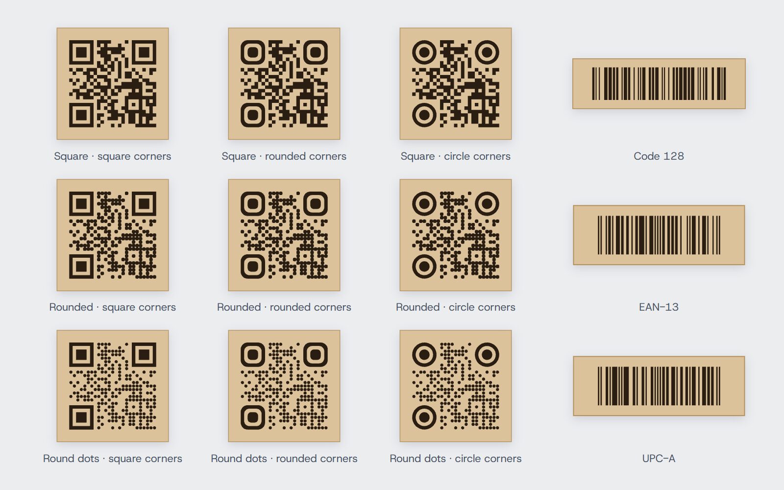 Nine QR codes in every mix of square, rounded and round dots with square, rounded and circle corners, beside a Code 128, an EAN-13 and a UPC-A barcode